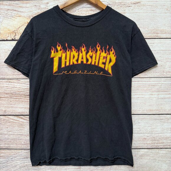 Vintage Thrasher Magazine Flame Logo Black Graphic Skate T-Shirt Unisex Small - Picture 1 of 10